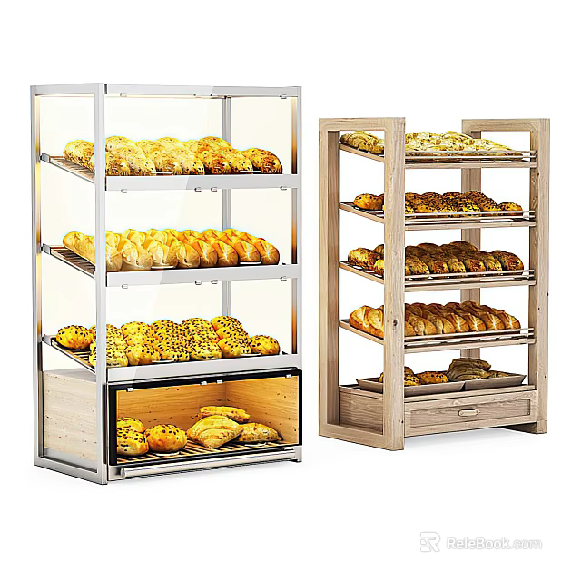 Multi Tiered Glass Front Bread Display Shelves With Wooden Frame For Bakery 3d model