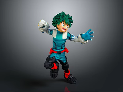 Anime Character Action Figure Featuring Green Hair Teal Costume Red Belt Black Shoes Jumping Pose 3d model