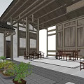Ancient Architecture Interior With Traditional Wooden Beams Columns And Potted Plants