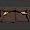 Brown Sectional Sofa with Orange Patterned Cushions and Wooden Legs in Modern Dark Setting