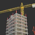 Construction Site Featuring High Rise Building Under Construction With Yellow And Orange Cranes 3d model