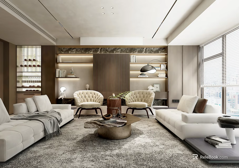 Modern Living Room Interior With White Sofas Gray Area Rug And Stylish Coffee Table 3d model 