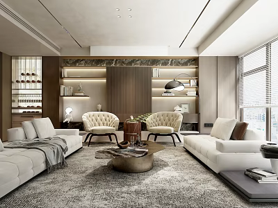 Modern Living Room Interior With White Sofas Gray Area Rug And Stylish Coffee Table 3d model