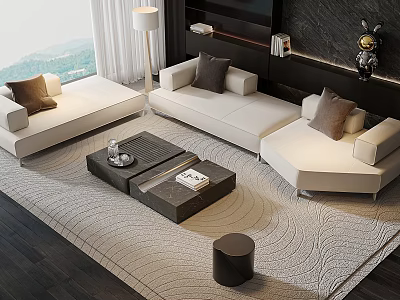 Modern Luxury Sofa And Coffee Table Set With White Upholstery Marble Top And Area Rug 3d model