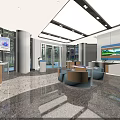 Modern Bank Interior With Spacious Lobby Digital Screens Comfortable Seats And Green Plants