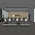 Spacious Modern Service Hall Interior With White Walls Blue Display Green Sofas And Glass Doors
