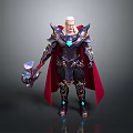 Man with white long hair in black armor golden decorations red cape holding purple gem weapon