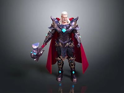 Man with white long hair in black armor golden decorations red cape holding purple gem weapon 3d model