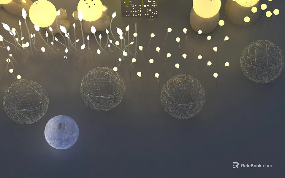 Stylish Hinged Door Design With Decorative Wire Ball Lamps And Moon Inspired Lighting 3d model 