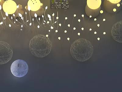 Stylish Hinged Door Design With Decorative Wire Ball Lamps And Moon Inspired Lighting 3d model