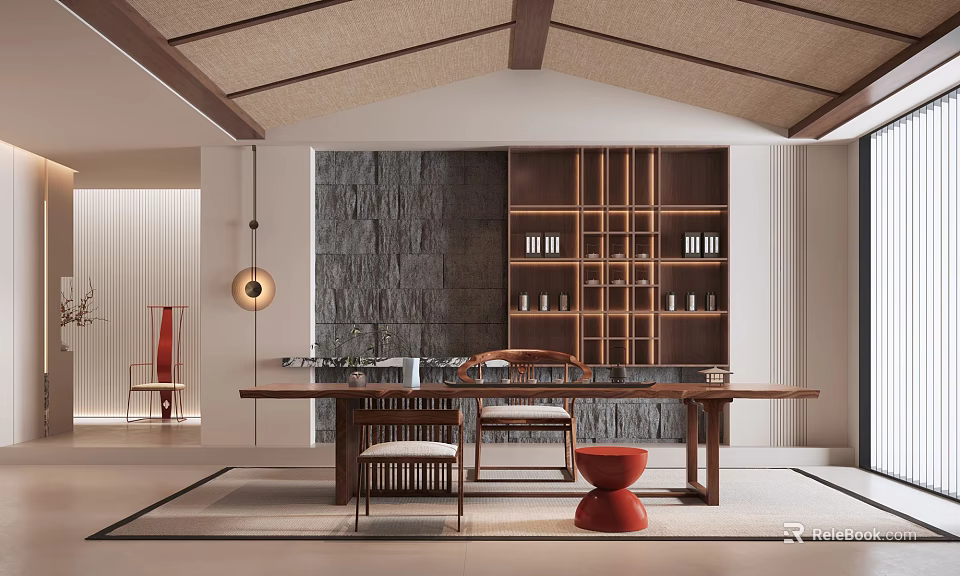 Traditional Tea Room Interior With Wooden Table Tea Sets Wooden Shelves And Stone Wall 3d model 