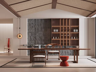 Traditional Tea Room Interior With Wooden Table Tea Sets Wooden Shelves And Stone Wall 3d model