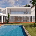 Modern Detached Villa With Open Layout Floor to Ceiling Windows Swimming Pool And Lawn