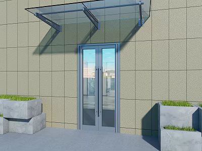 Glass Canopy Over Building Entrance With Double Glass Doors And Concrete Planters 3d model