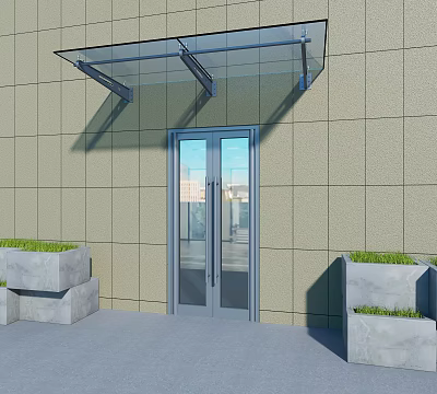 Glass Canopy Over Building Entrance With Double Glass Doors And Concrete Planters 3d model