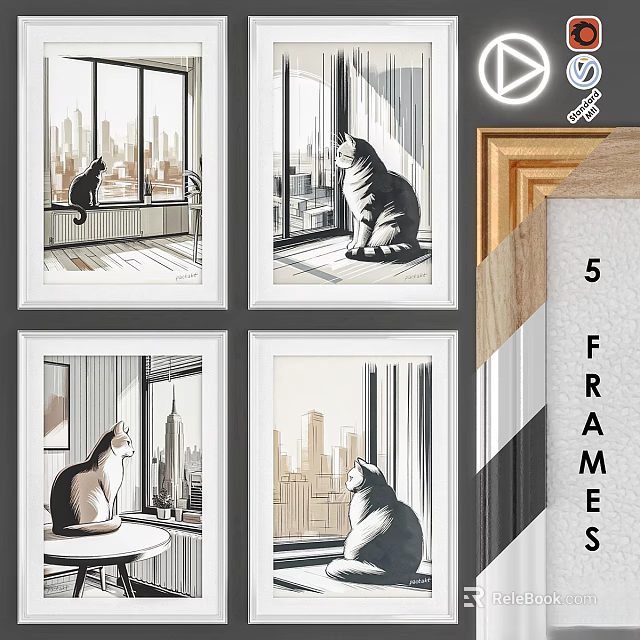 Animal Paintings Featuring Cats by Window and Cityscape in Five Frames 3d model