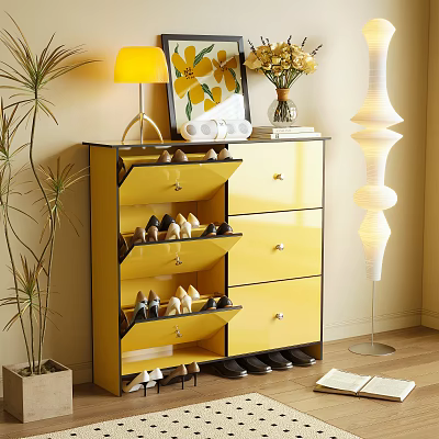 Modern Yellow Shoe Cabinet With Drawers And Shelves In Living Room Interior Decor Setup 3d model