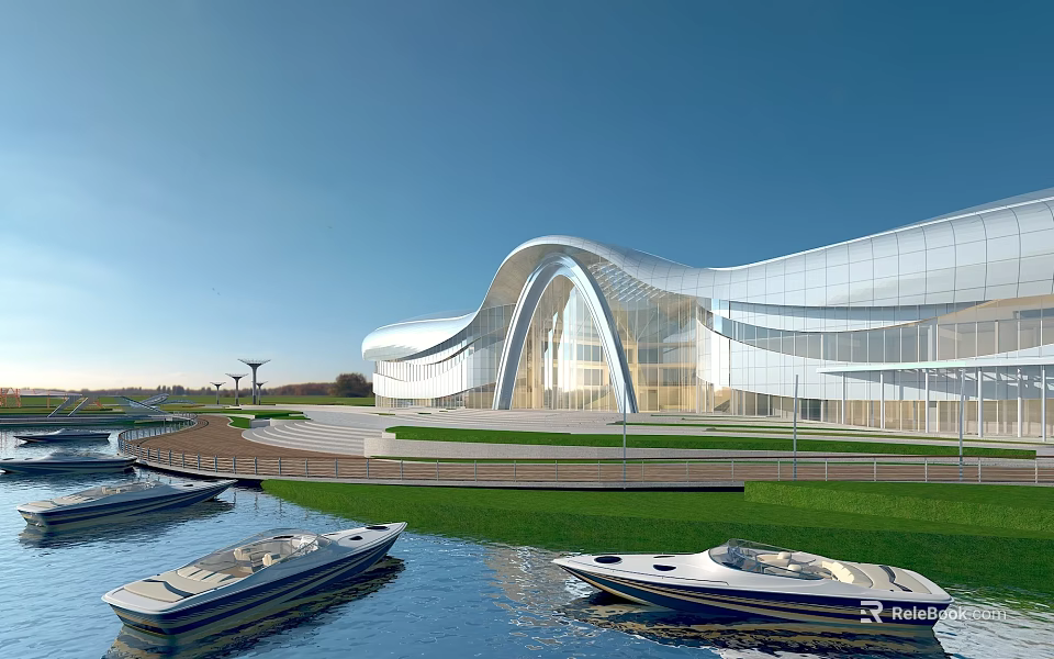 Park Landscape With Modern Architecture Waterfront Boats And Open Sky 3d model 