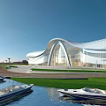 Park Landscape With Modern Architecture Waterfront Boats And Open Sky