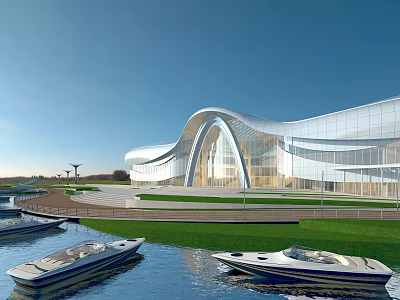 Park Landscape With Modern Architecture Waterfront Boats And Open Sky 3d model