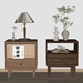 Wooden Bedside Tables With Light And Dark Wood Featuring Table Lamp Potted Plant And Decor