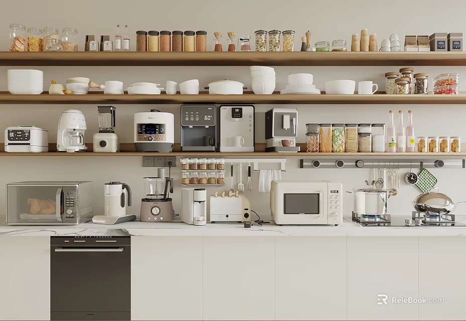 Essential Modern Kitchen Appliances with Cabinets Shelves Jars and Dishes Setup 3d model 