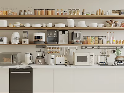 Essential Modern Kitchen Appliances with Cabinets Shelves Jars and Dishes Setup 3d model