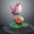Colorful Bird Standing On A Walnut With Green Grass And Stone Base Against Gray Background