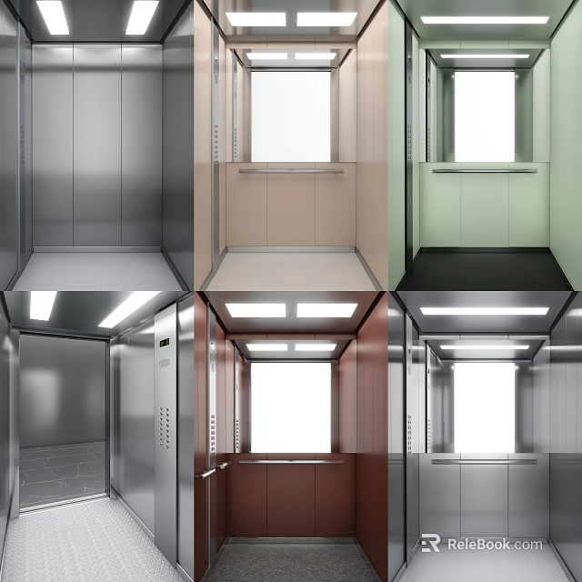 Modern Elevator Lobby Design Featuring Metal Wood Green Panels And Ceiling Lights 3d model 