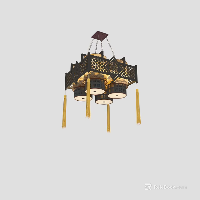 Elegant Chinese Style Chandelier with Black Openwork Frame and Yellow Tassels 3d model 