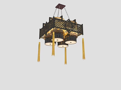 Elegant Chinese Style Chandelier with Black Openwork Frame and Yellow Tassels 3d model