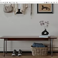 Wooden Bench In Entryway With Wicker Basket Shoes Hanging Clothes Bag And Flower Vase