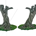 Two Dead Tree Trunks With Exposed Roots On Green Grass Base Decorative Models