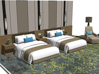 Two Double Beds In Modern Hotel Bedroom With White Sheets Blue Pillows And Nightstands 3d model