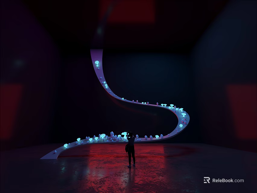 Curved Glowing Installation In Dark Space With Small Lights And Person Standing 3d model 