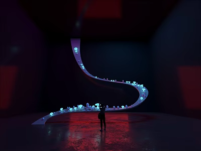 Curved Glowing Installation In Dark Space With Small Lights And Person Standing 3d model