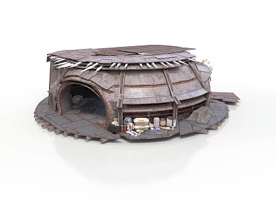 Traditional Rustic Round Hut Structure With Curved Wooden Roof And Interior Clay Pots 3d model