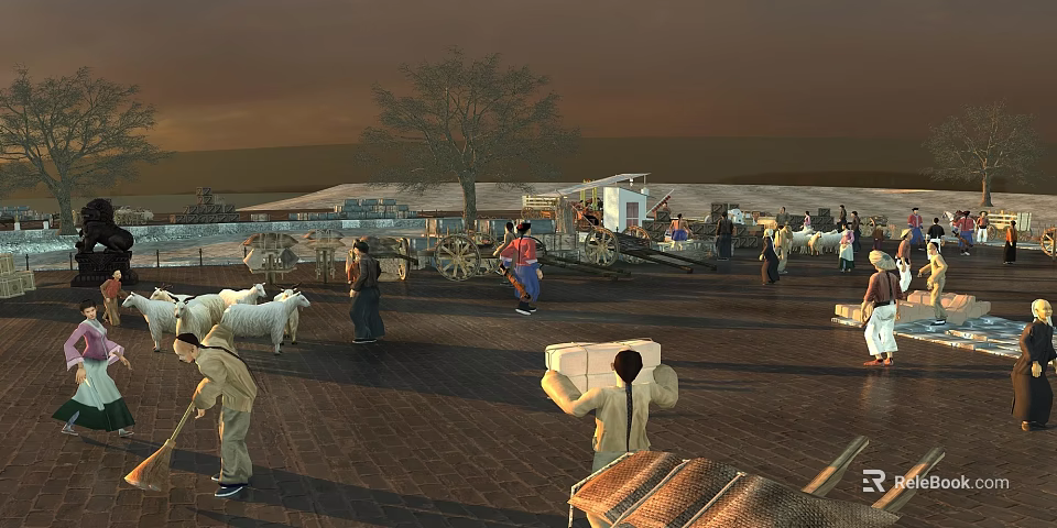 Cartoon Busy Market Square Scene With People Sheep Carts Tree And Buildings 3d model 