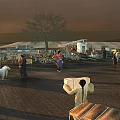 Cartoon Busy Market Square Scene With People Sheep Carts Tree And Buildings