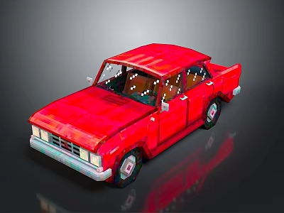 Red Pixel Art Vintage Sedan 3D Rendered with Classic Design and Shiny Finish 3d model