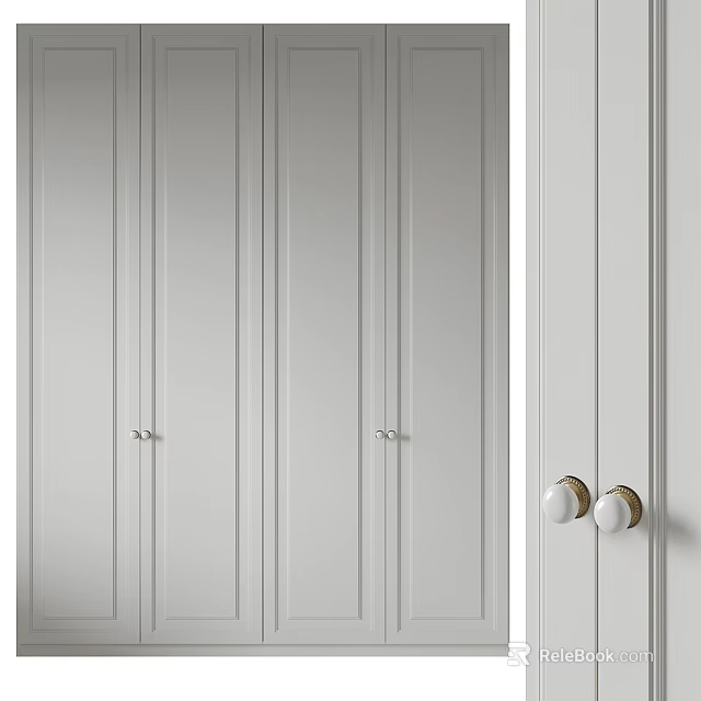 Minimalist Modern Wardrobe Design With Light Gray Vertical Lines And Metal Round Knobs 3d model 