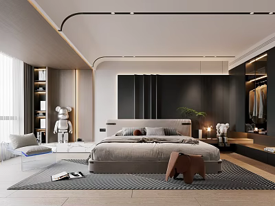 Modern Bedroom Interior With King Bed Black Accent Wall Walk in Closet And Green Plant 3d model