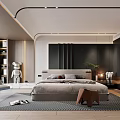 Modern Bedroom Interior With King Bed Black Accent Wall Walk in Closet And Green Plant
