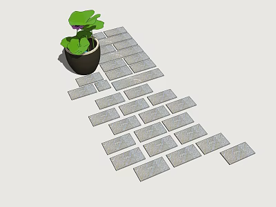 Garden Stepping Stones Pathway With Potted Plant Green Leaves And Purple Flower 3d model