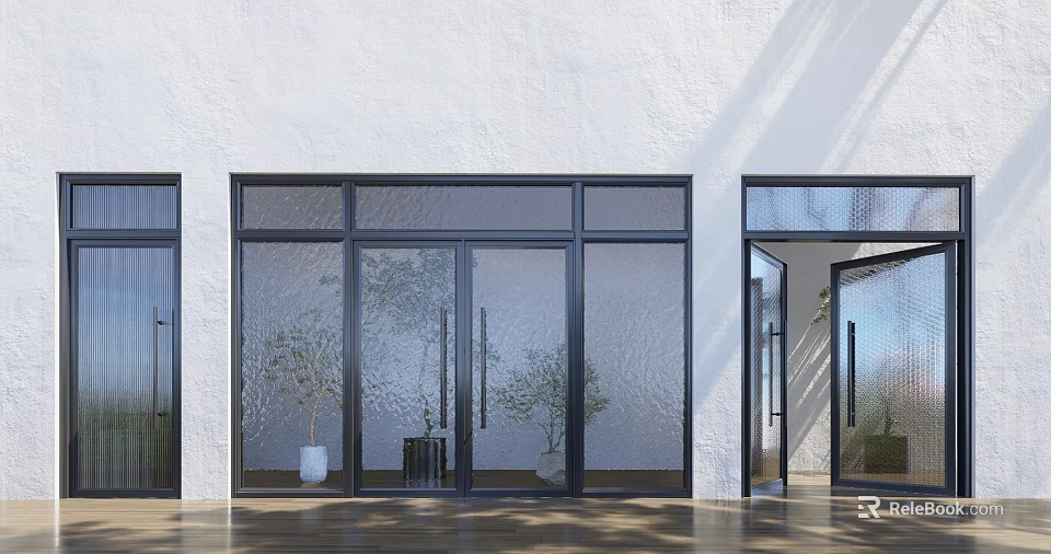 Black Frame Glass Double Doors with Indoor Plants Against White Wall on Wooden Floor 3d model 