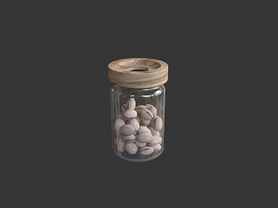 White Nuts Stored in Glass Jar with Wooden Lid on Dark Background 3d model