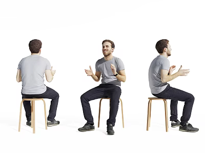 Man Speaking With Hand Gestures Sitting On Wooden Chair Three Angles Gray T-Shirt Dark Pants 3d model