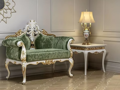 Elegant Classic Green Velvet Single Sofa With Gold White Carved Frame Side Table And Lamp 3d model