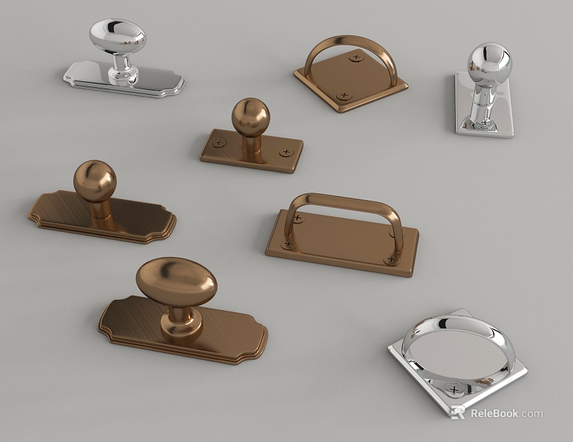 Various Styles Decorative Metal Handles With Round Knobs And Square Bases 3d model 