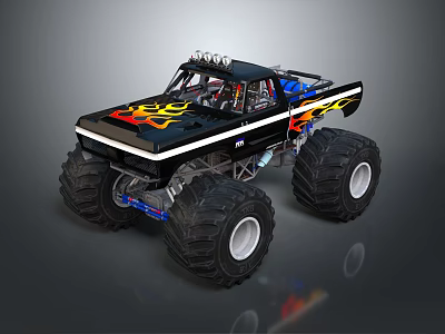 Black Monster Truck With Flame Graphics Large Off Road Tires And Roof Mounted Lights 3d model